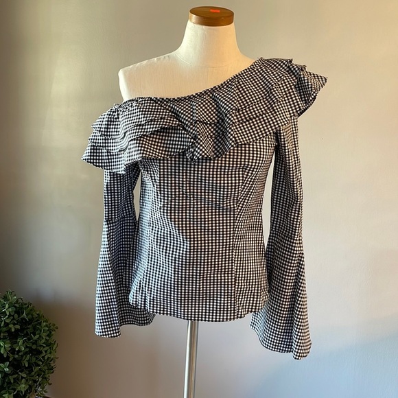 SCRIPTED BLOUSE, CHECKERED PATTERN ONE OFF SHOULDER ruffled LONG SLEEVE SZ S - Picture 1 of 9